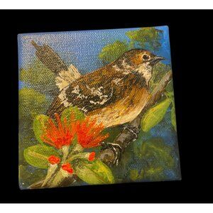 Original Bird Painting By L Peterson 4x4 Canvas Nature Scene With Red Flowers &